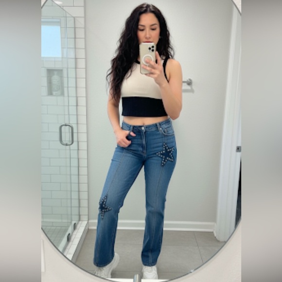 Lawman Vintage 90s Western Slim Fit Boot Cut Star Rhinestone Medium Wash Jeans 9 - Picture 1 of 13